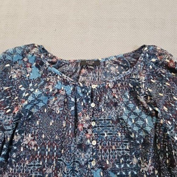 Haver London Crop Top Women's Large Blue Floral Metallic Design Long Sleeve EUC - Picture 5 of 13